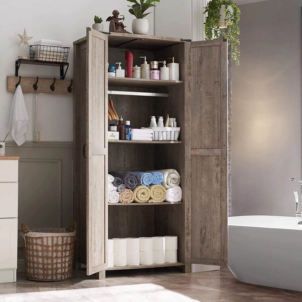Light Rustic Oak Kitchen Pantry Storage Cabinet with Barn Door and Hanging Rod M74980