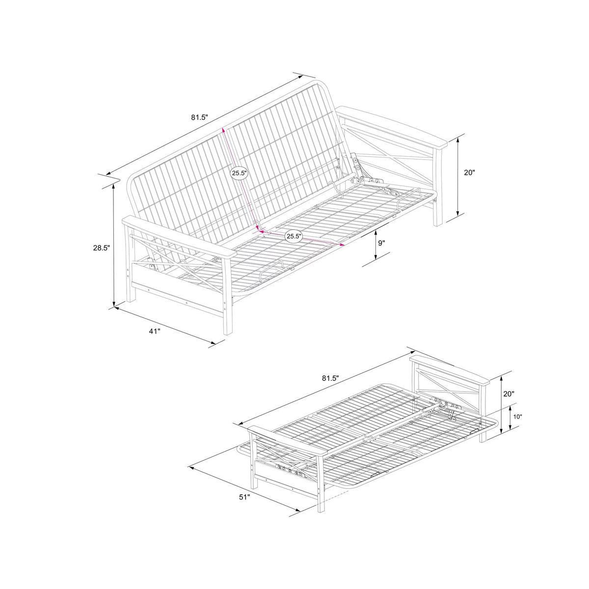 Full Size Metal Futon Frame with Espresso Wood Armrests J90837