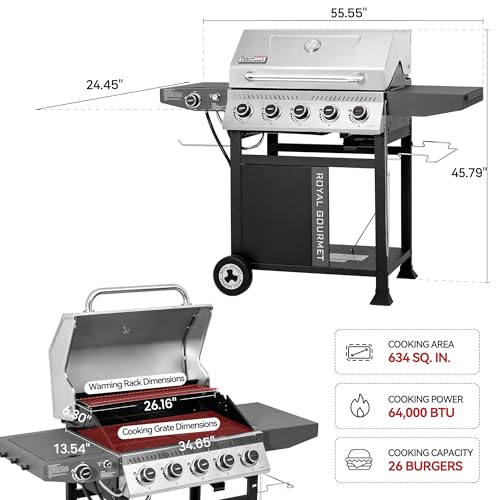 5 Burner Propane Gas Grill with Side Burner and Sear Burner, Porcelain-Enameled Cast Iron Grates E838