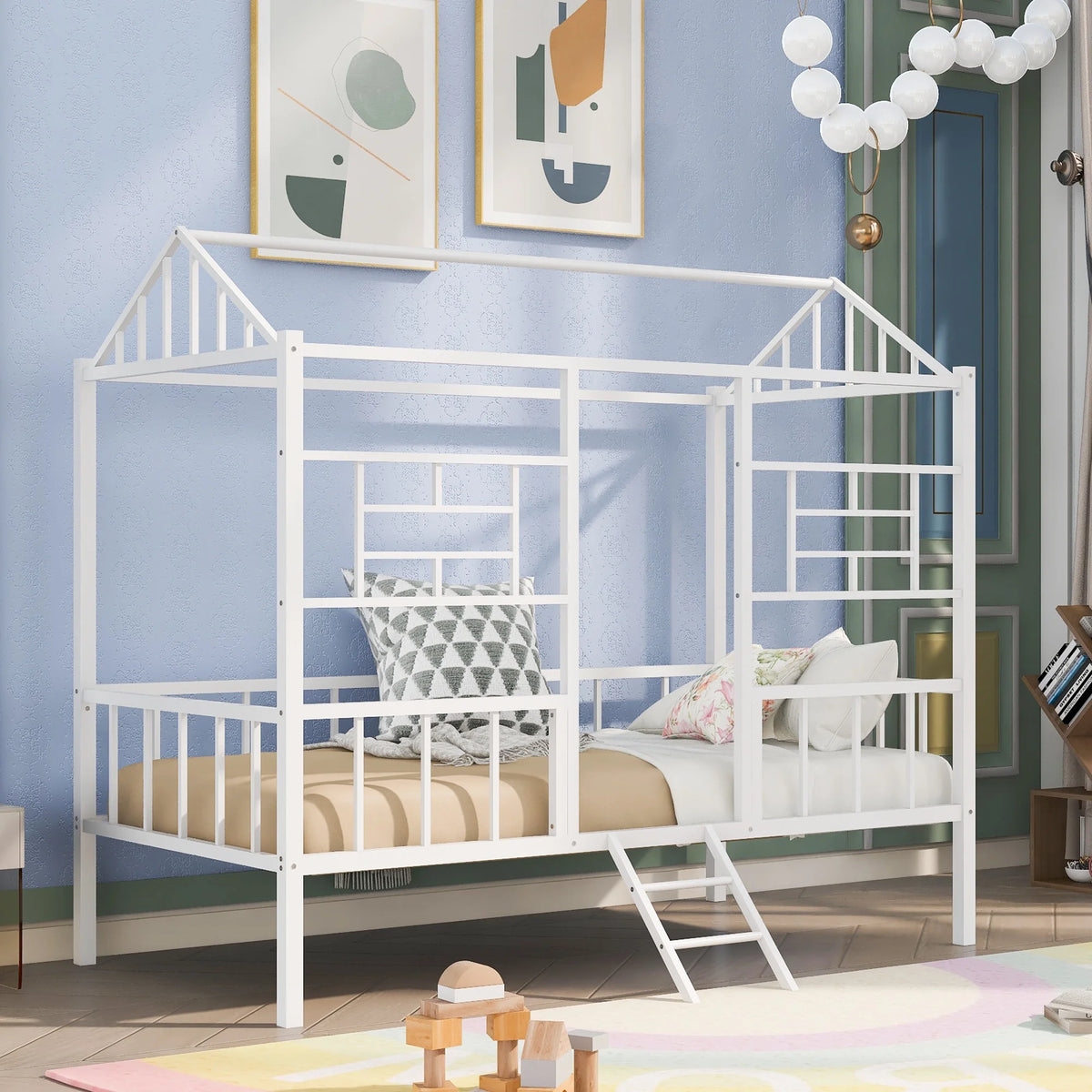 White Twin Size Metal House Bed with Guardrail and Ladder Q284