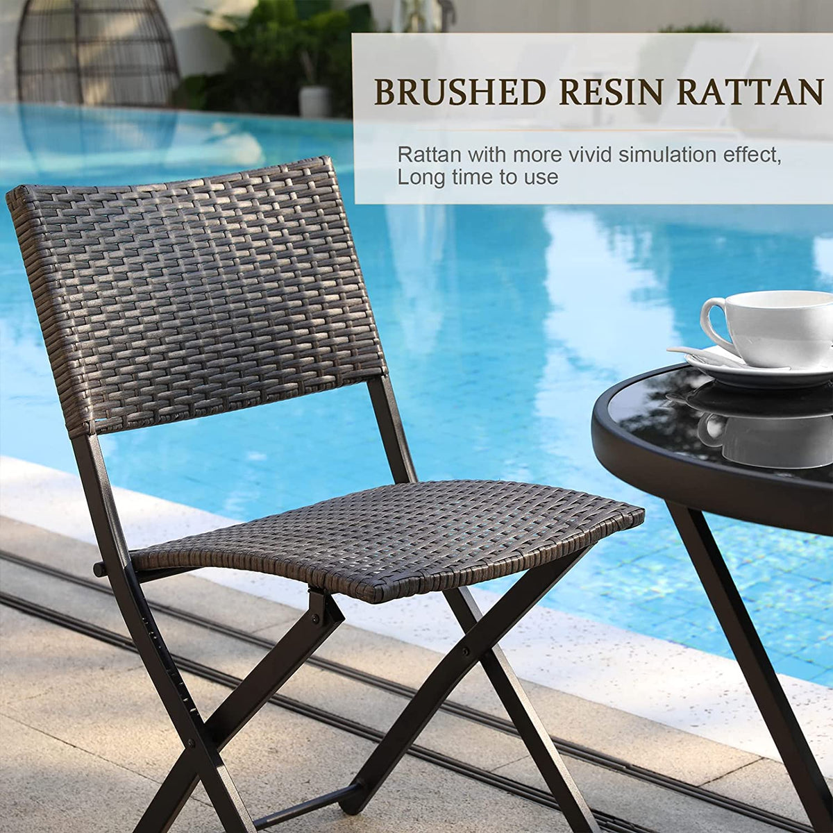 3 Pieces Wicker Patio Bistro Set with Folding Round Table and Chairs U798297