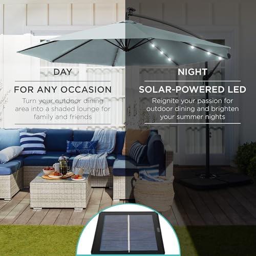 10ft Solar LED Offset Hanging Patio Umbrella with Easy Tilt Adjustment, Polyester Shade, 8 Ribs - Black U544