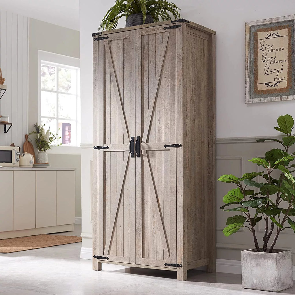Light Rustic Oak Kitchen Pantry Storage Cabinet with Barn Door and Hanging Rod M74980