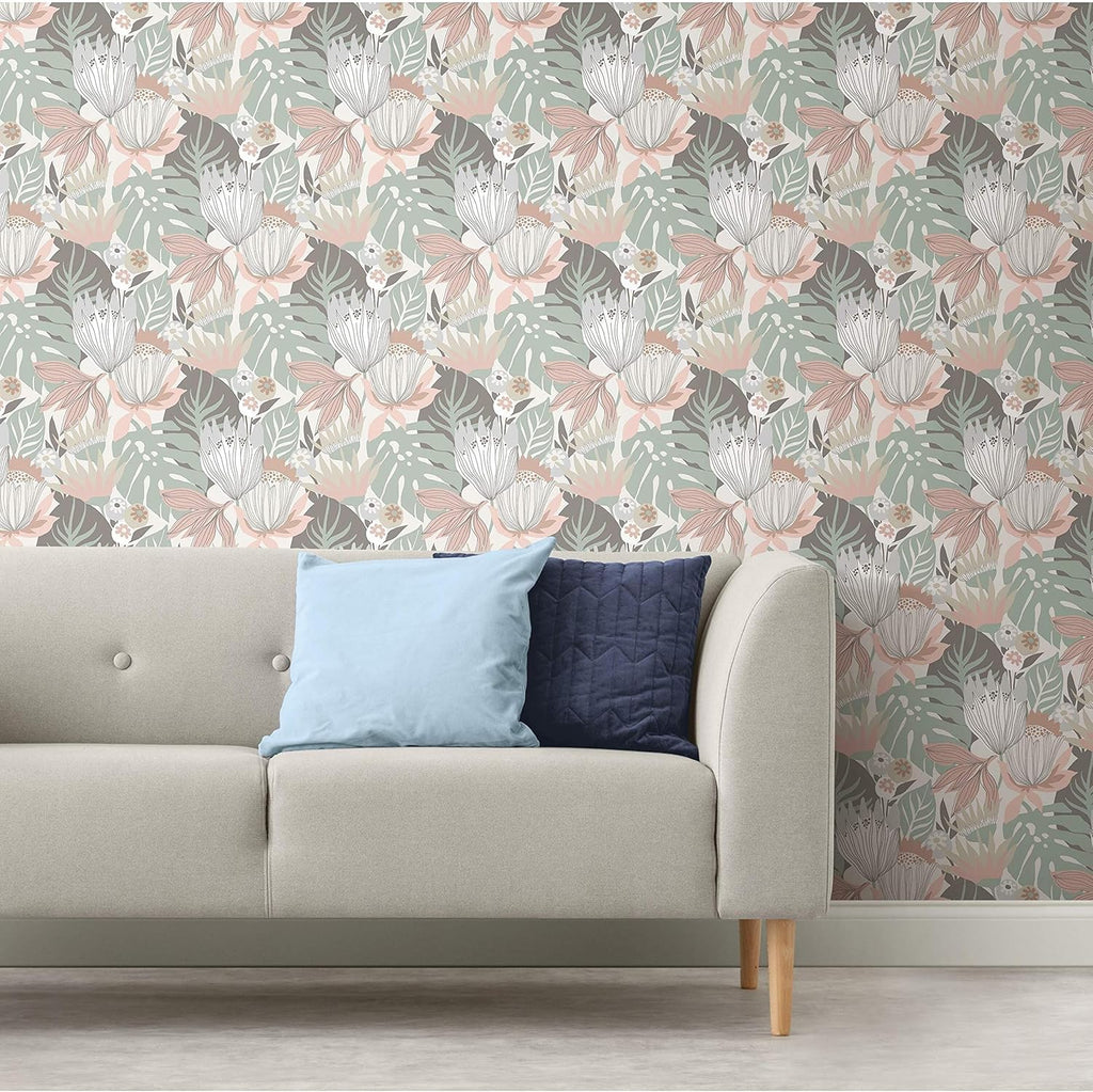 Pink and Green Retro Tropical Leaves Peel and Stick Wallpaper R1263