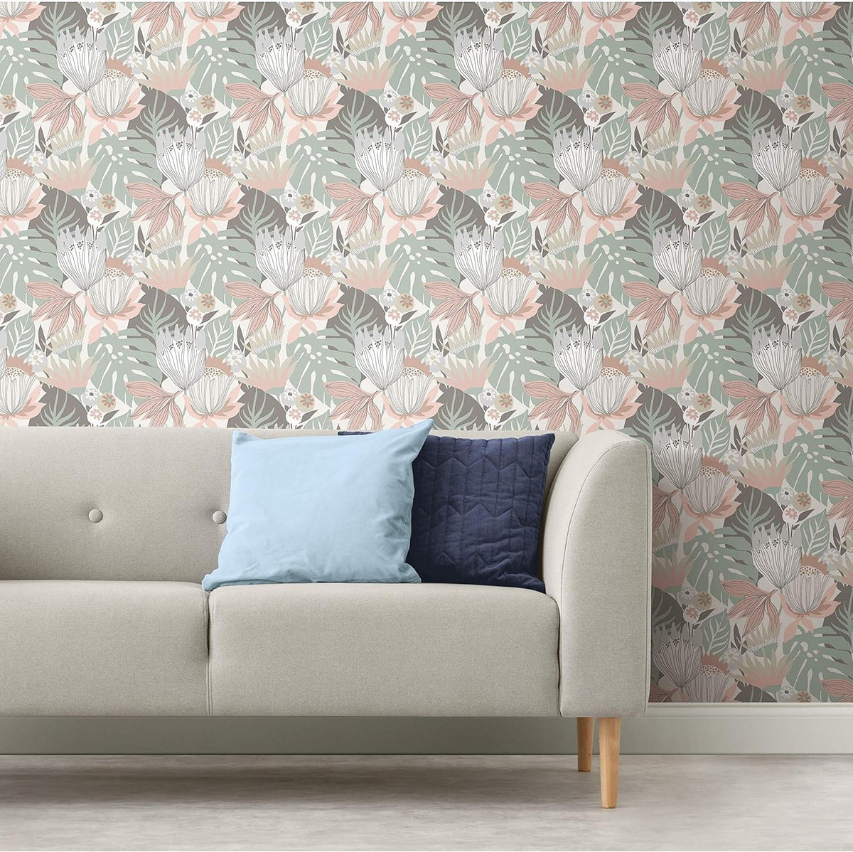 Pink and Green Retro Tropical Leaves Peel and Stick Wallpaper R1263