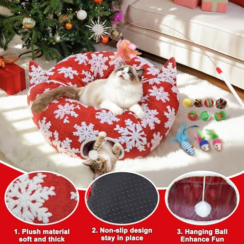 Red Snowflake Cat Tunnel with Washable Mat & 11Pcs Cat Toys V44854