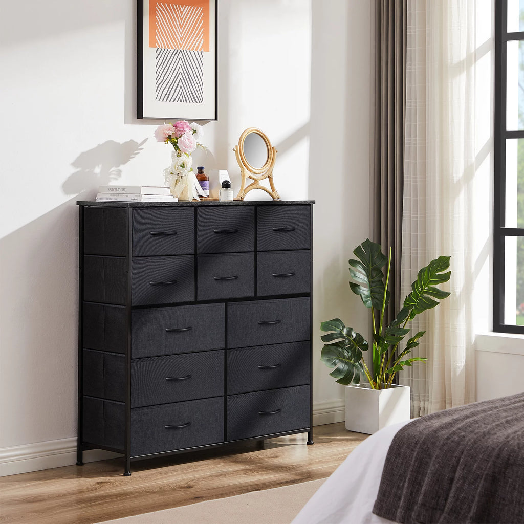 Black 12 Drawer Fabric Storage Dresser with Wood Top B35122
