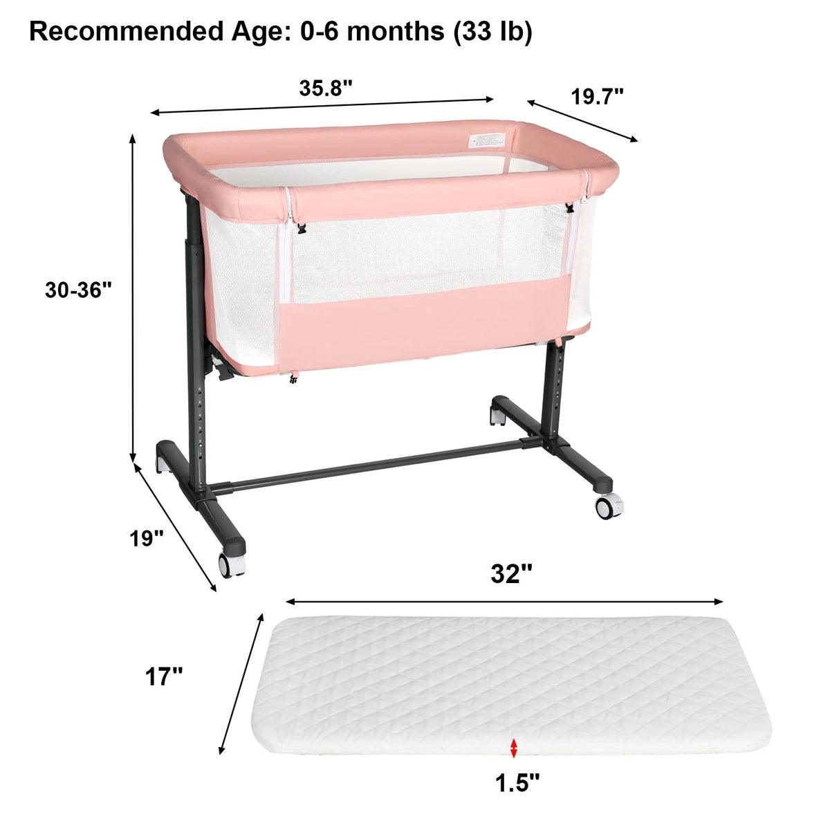 Baby Bassinet with Wheels Adjustable Bedside Sleeper Grey V28842