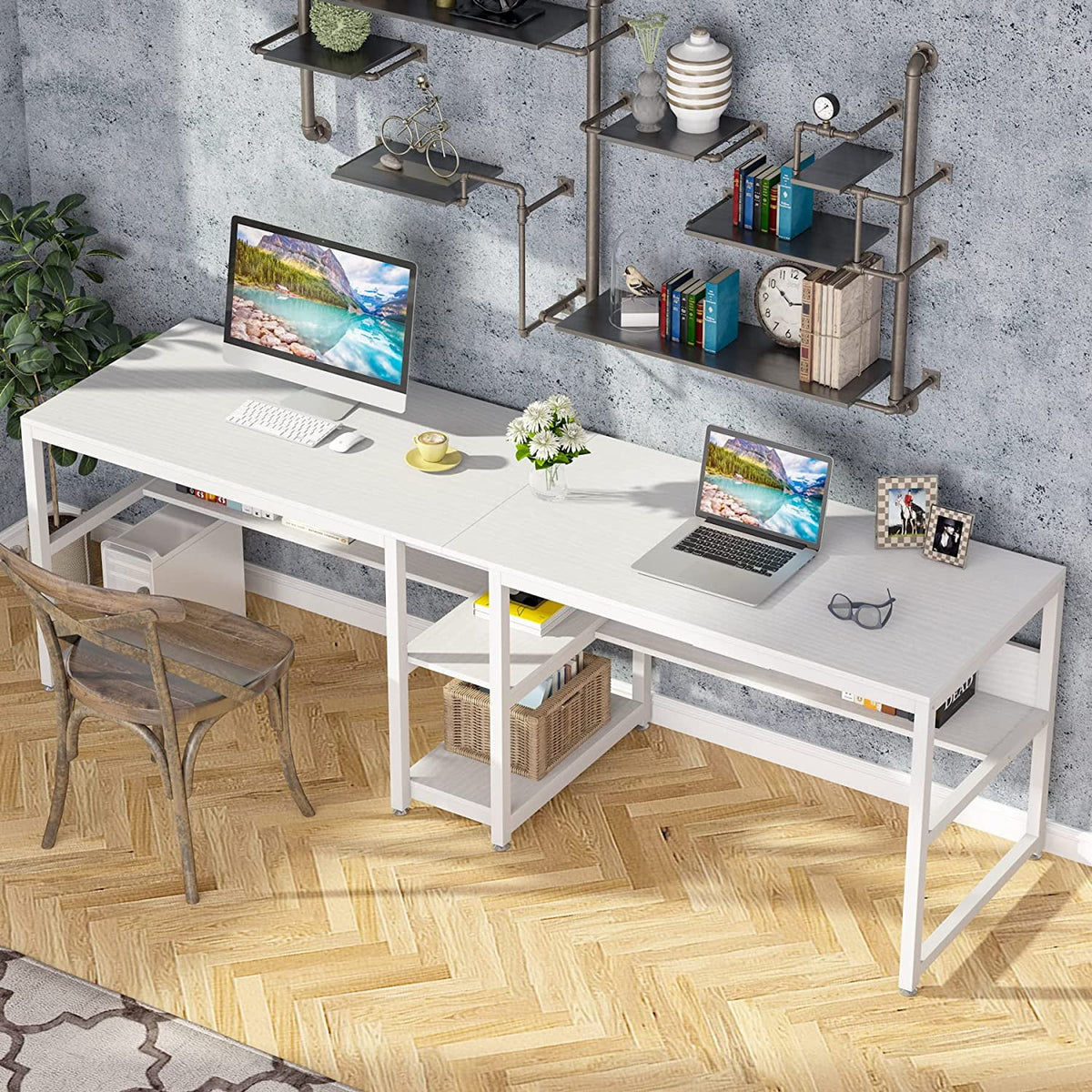White Double Computer Office Desk with Storage Shelf R869