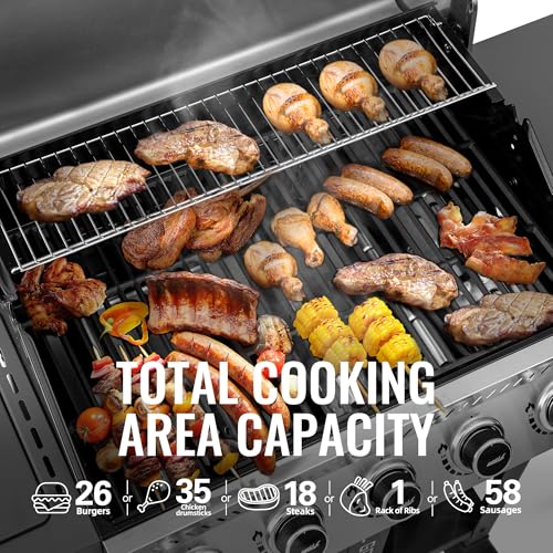5 Burner Propane Gas Grill with Side Burner and Sear Burner, Porcelain-Enameled Cast Iron Grates E838