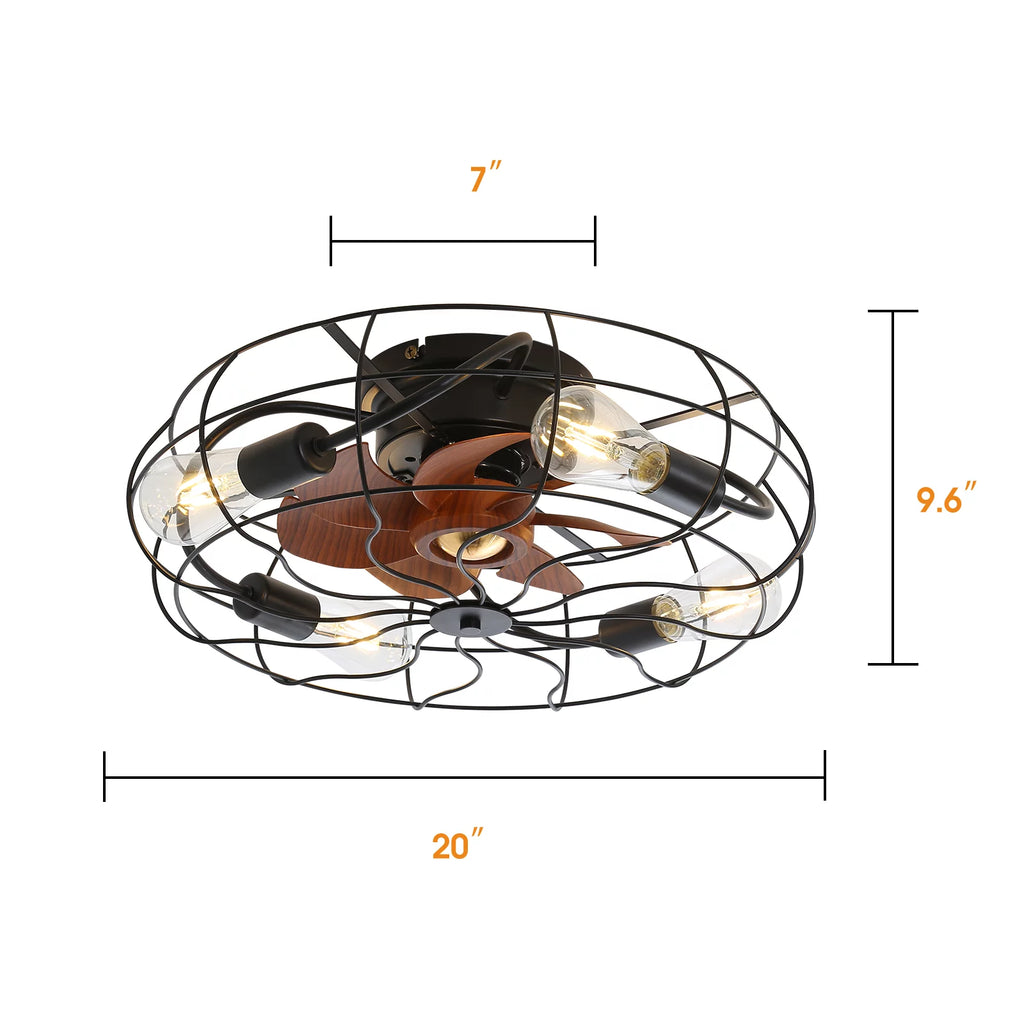 20" Industrial Flush Mount Bladeless Caged Ceiling Fan with Light and Remote F855