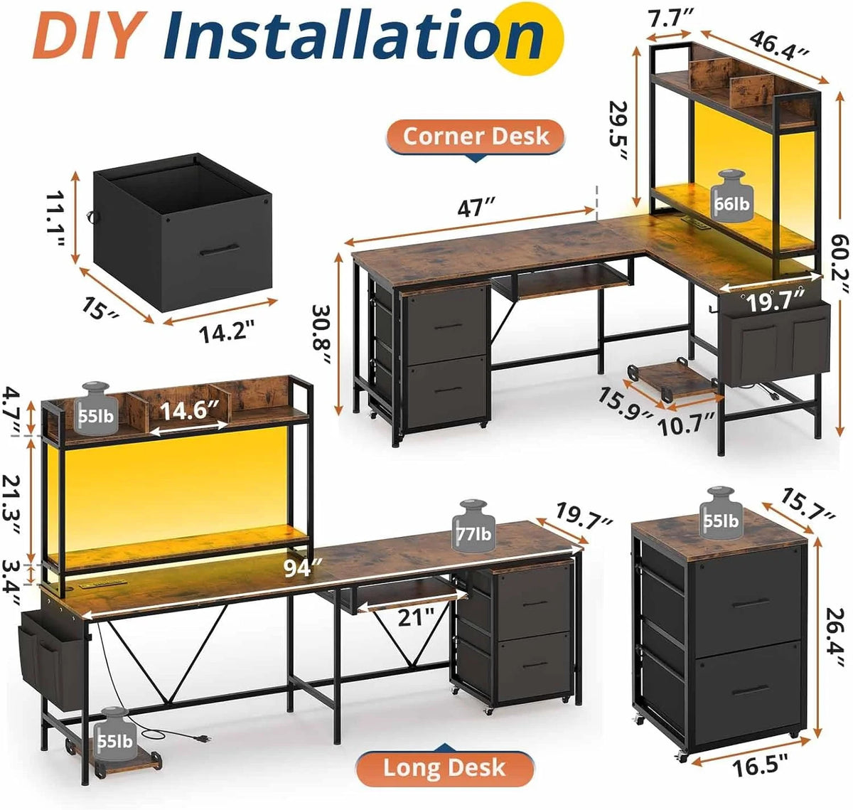L Shaped Computer Desk with Power Outlet and Led Strip N2680