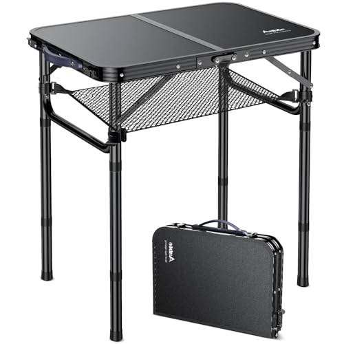 Folding Camping Table with Storage Net, Pure Black Aluminum 2ft Picnic Table 23.2" x 16" Outdoor Table Adjustable Height Max 26.4", Lightweight, Waterproof, Portable Handle for Travel Cooking D501909