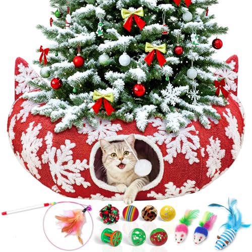 Red Snowflake Cat Tunnel with Washable Mat & 11Pcs Cat Toys V44854