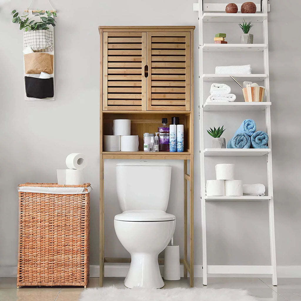 Bamboo Over-The-Toilet Storage Cabinet with Shelf and Cupboard S6792