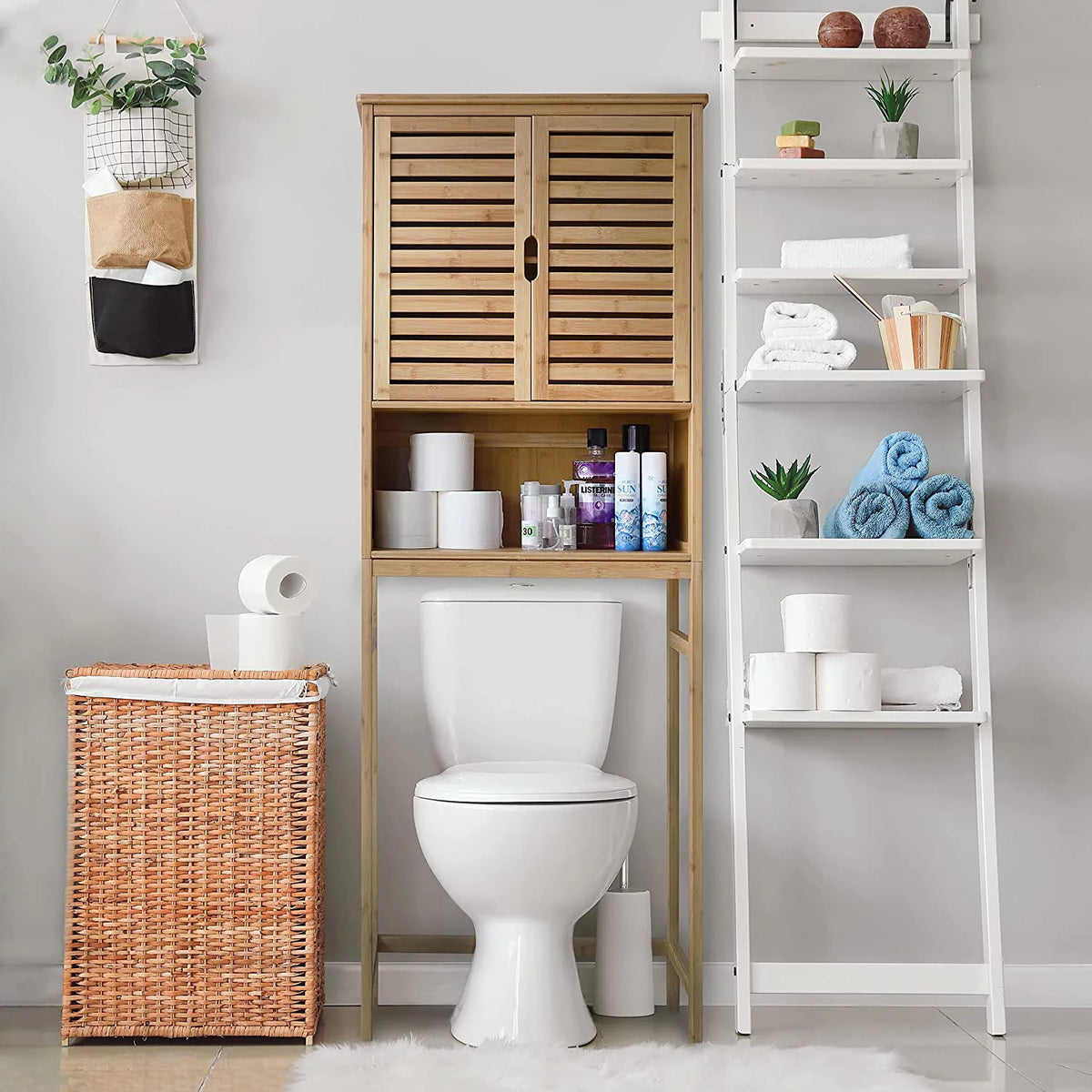 Bamboo Over-The-Toilet Storage Cabinet with Shelf and Cupboard S6792