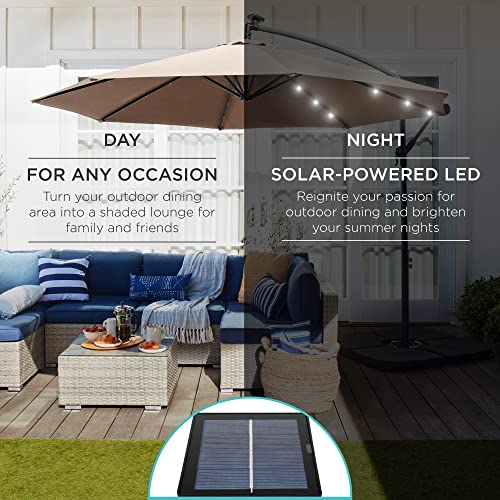 10ft Solar LED Offset Hanging Patio Umbrella with Easy Tilt Adjustment, Polyester Shade, 8 Ribs - Black U544