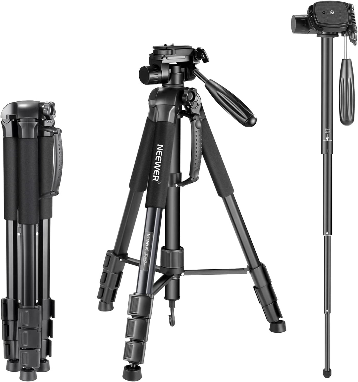 Portable Aluminum Alloy 2-in-1 Tripod Monopod with 3-Way Pan Head and Carrying Bag W51689