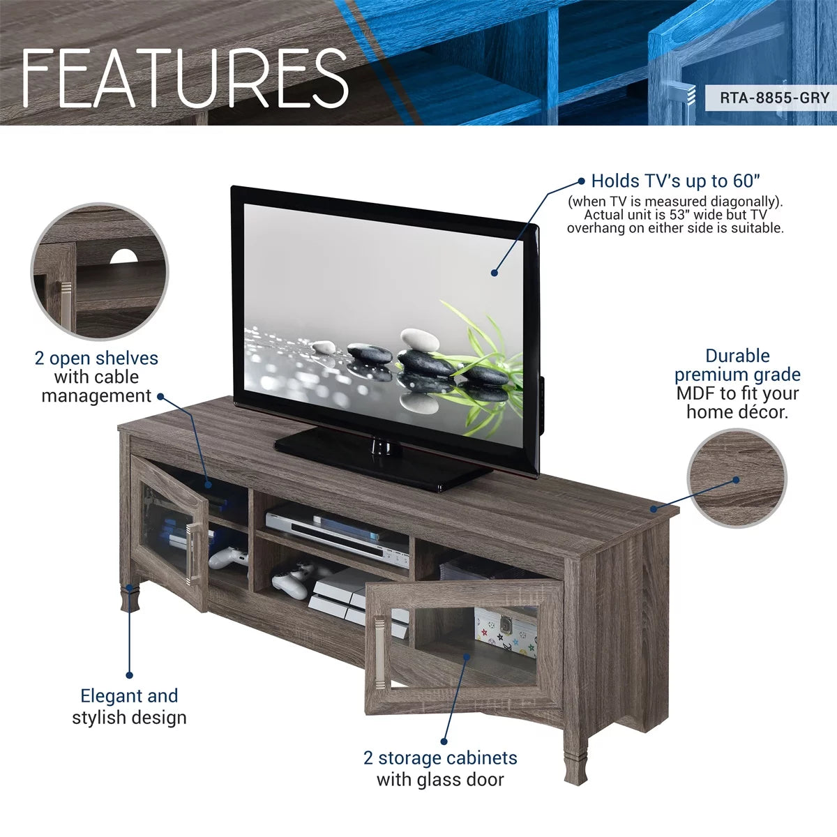 Grey Driftwood TV Stand up to 60 Inches with 2 Doors S228