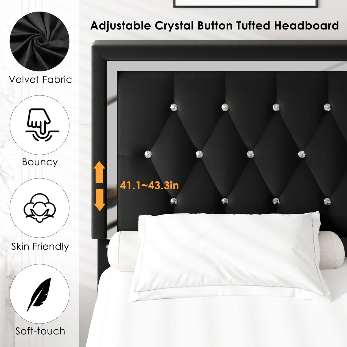 Full Size Storage Bed with 4 Drawers, Black Upholstered Platform Bed Frame with Adjustable Headboard F93927
