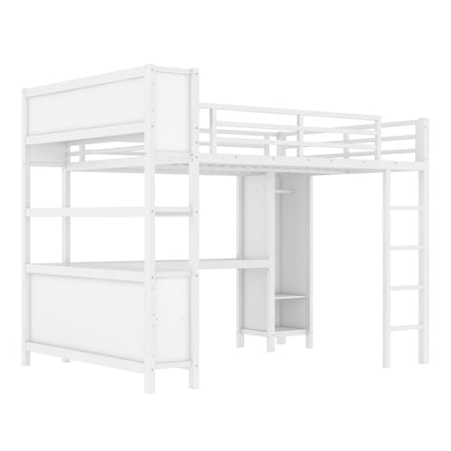Metal Full Size Loft Bed Frame with L Shaped Desk, Wardrobe, Stairs, Storage J5037