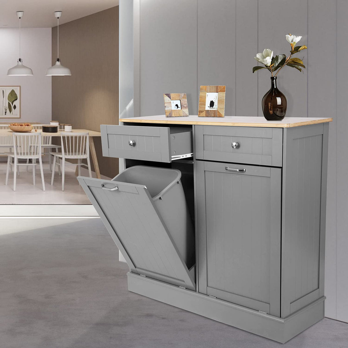 Double Tilt Out Trash Cabinet with Two Wood Drawers, Gray O945141