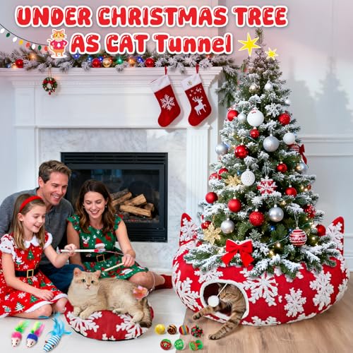 Red Snowflake Cat Tunnel with Washable Mat & 11Pcs Cat Toys V44854