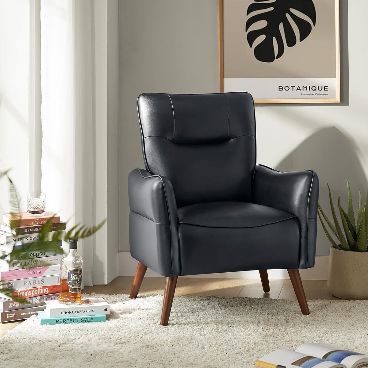 Black Faux Leather Armchairs Set Of 2 With Wooden Legs I39875