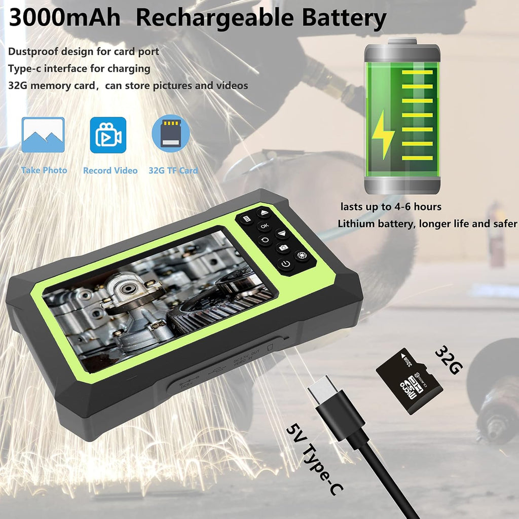 Dual Lens Video Endoscope Camera with Lights, 1080P Borescope Inspection Camera, 8 mm IP67 Waterproof, 16.5FT Semi-Rigid Cable, 32GB Card O381