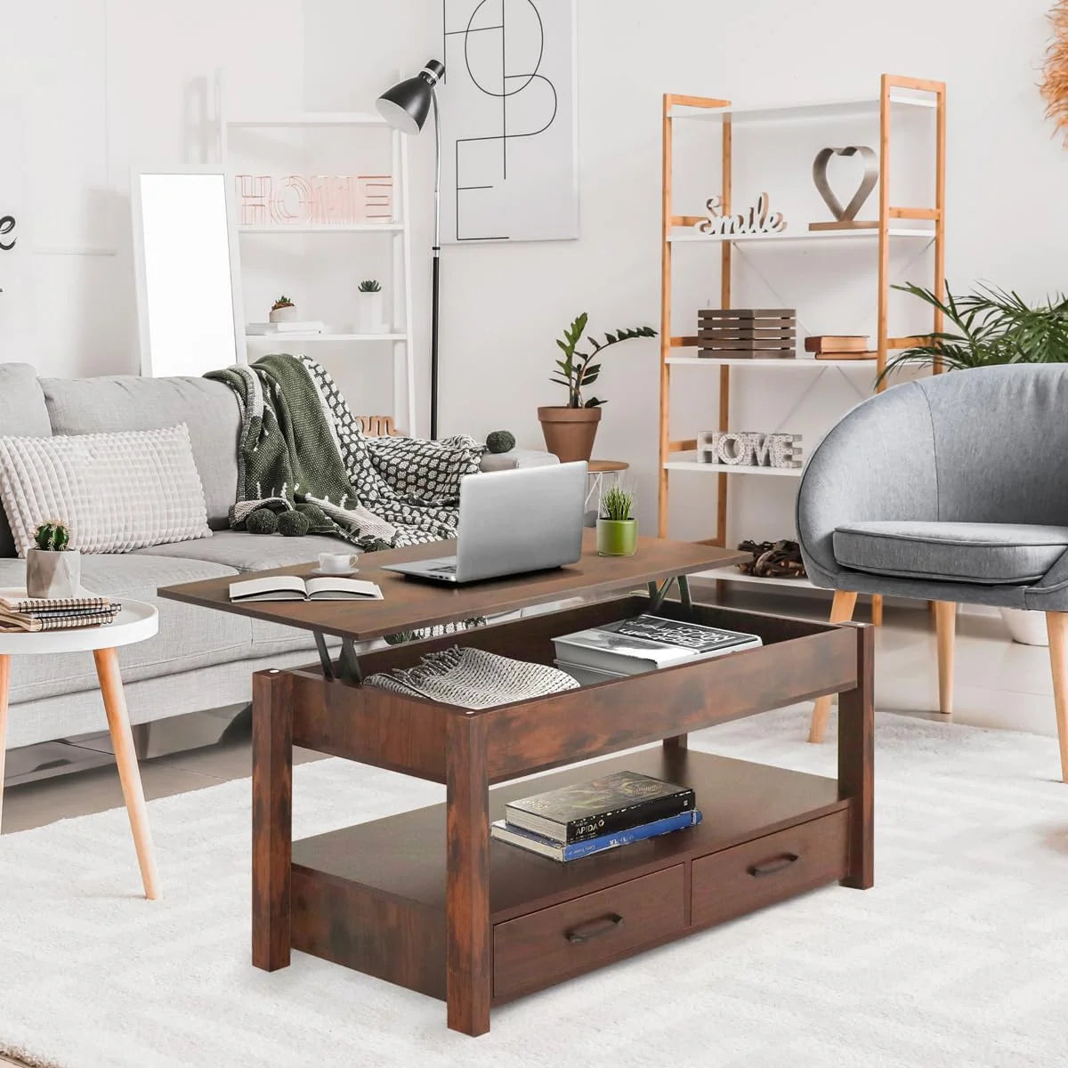 Lift Top Coffee Table with Hidden Compartment and 2 Storage Shelves G326772