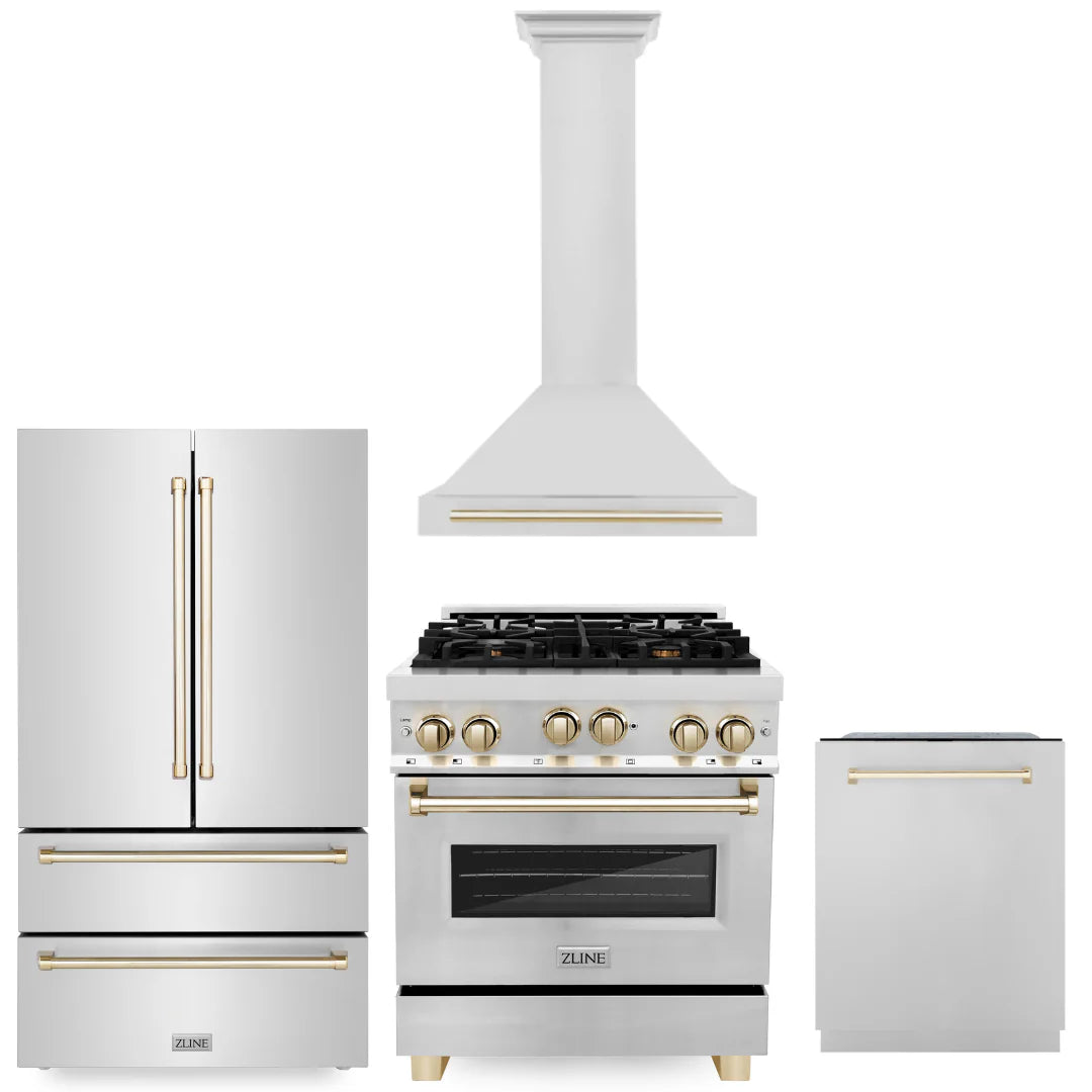 30 Inch Gas Range, Range Hood, Dishwasher, Refrigerator in Stainless Steel K203