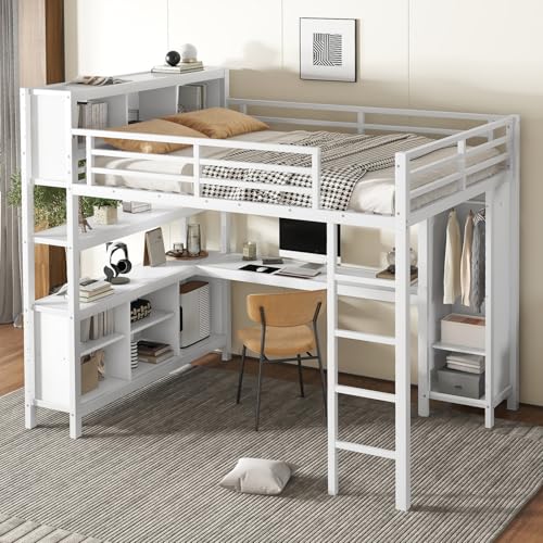 Metal Full Size Loft Bed Frame with L Shaped Desk, Wardrobe, Stairs, Storage J5037