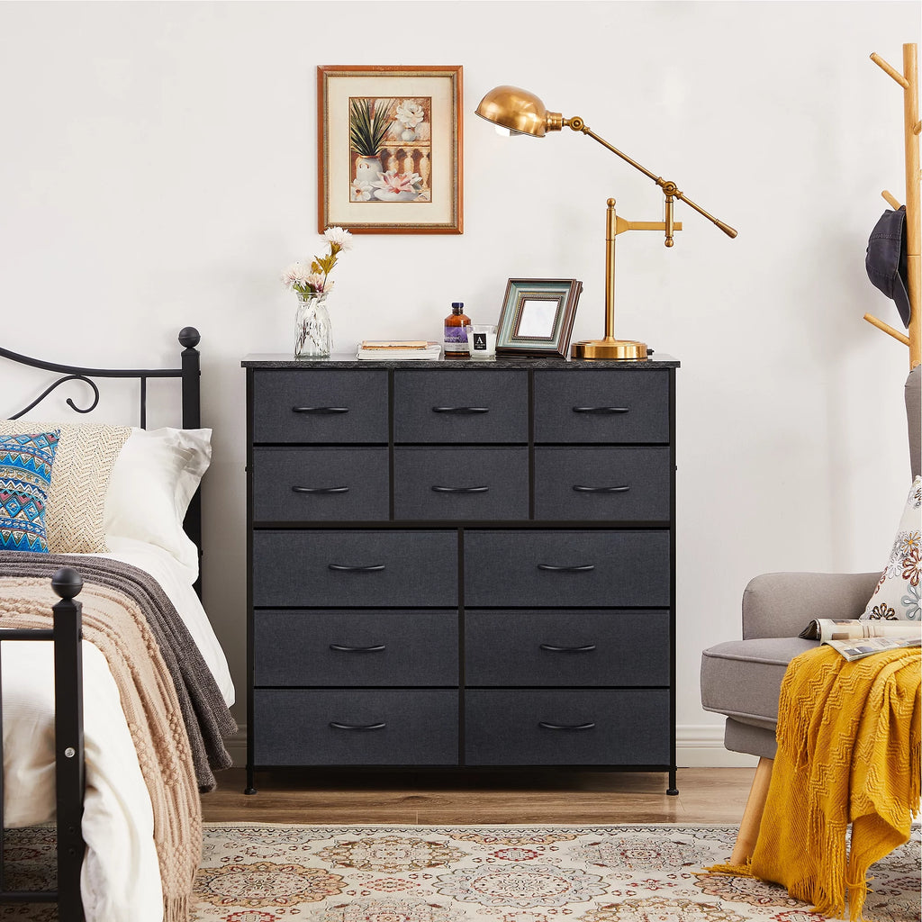 Black 12 Drawer Fabric Storage Dresser with Wood Top B35122
