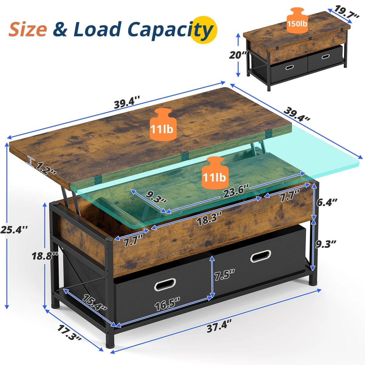 Rustic Brown Lift Top Coffee Table with Storage Drawers W438