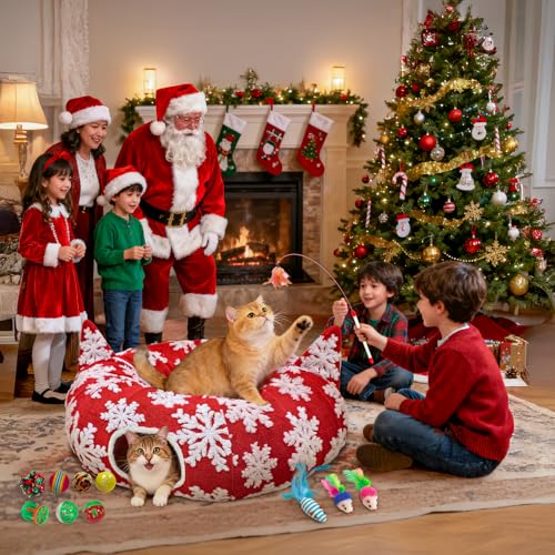 Red Snowflake Cat Tunnel with Washable Mat & 11Pcs Cat Toys V44854
