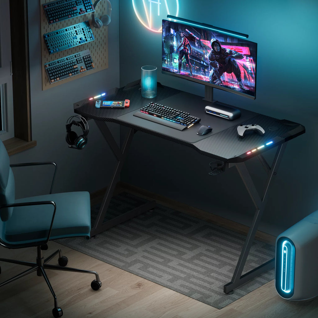Black 55 Inch Gaming Desk with LED Lights, Carbon Fibre Surface S510044