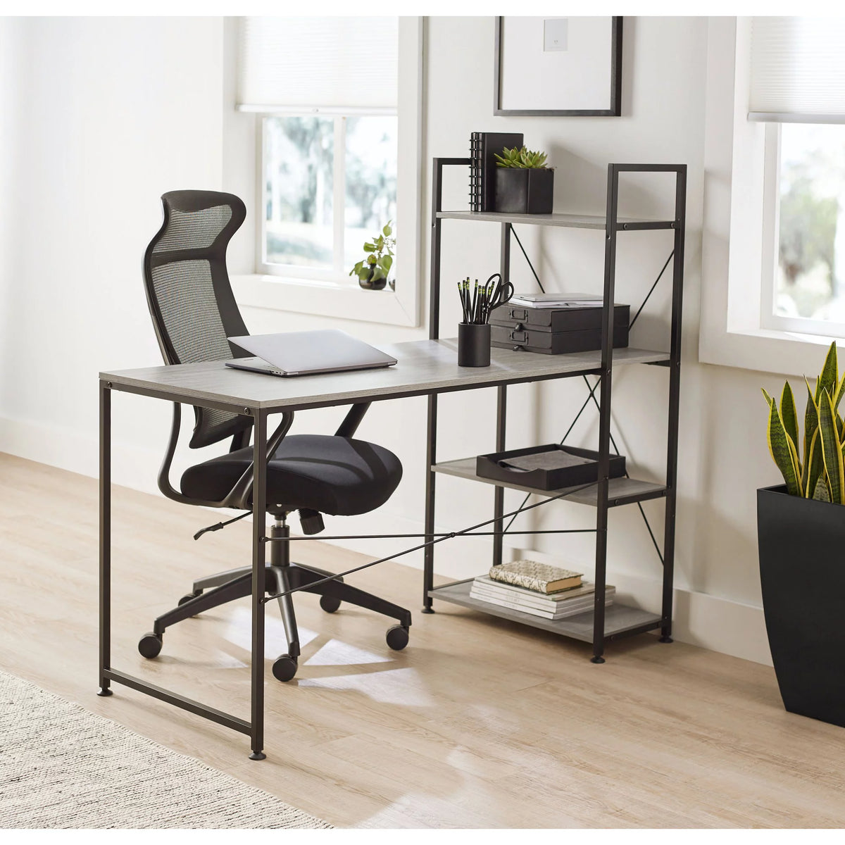 Gray Computer Desk With Storage Shelves D906