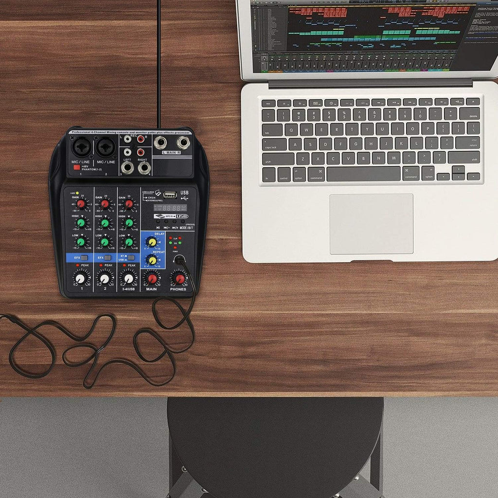 4 Channels Audio Mixer with Sound Card and 48V Phantom Power J204