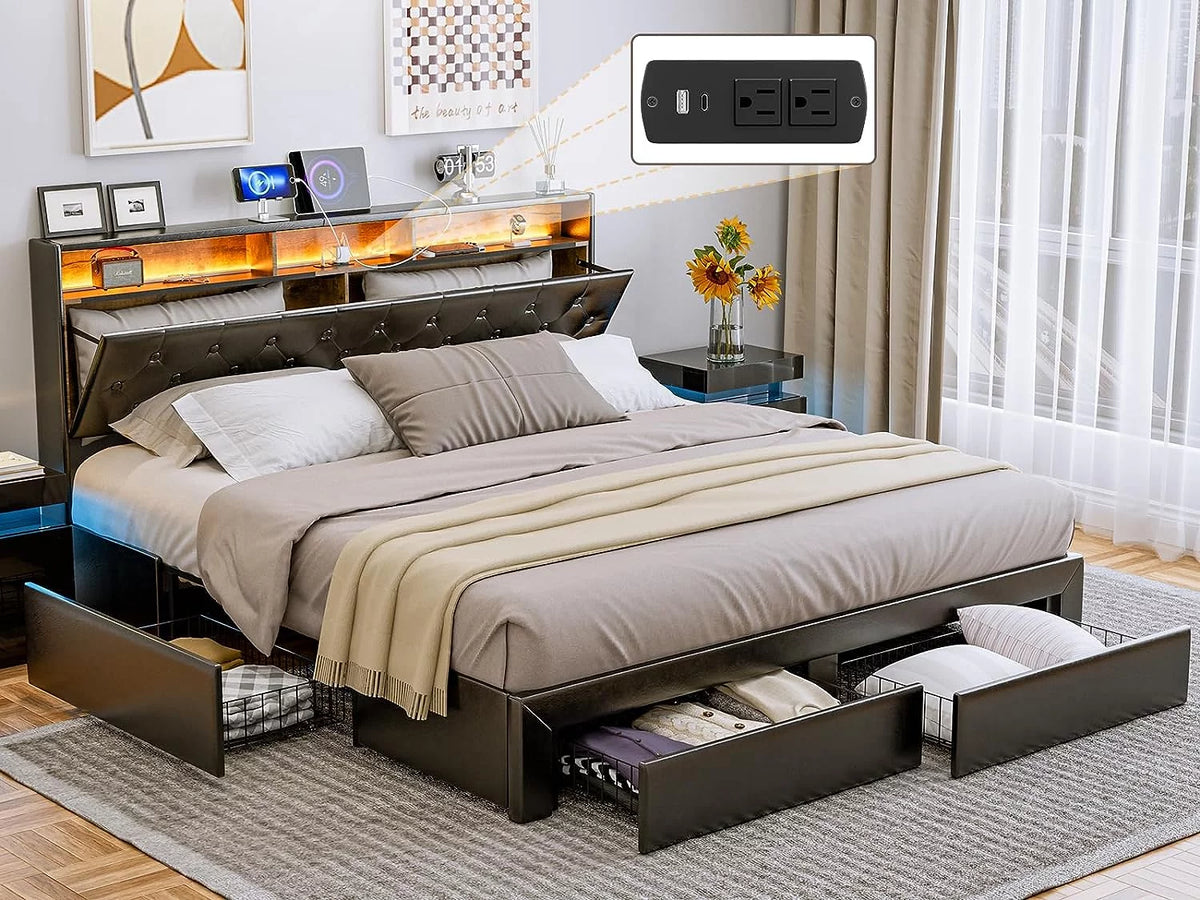 Black King Size Upholstered Platform Bed Frame with 4 Storage Drawers A424751
