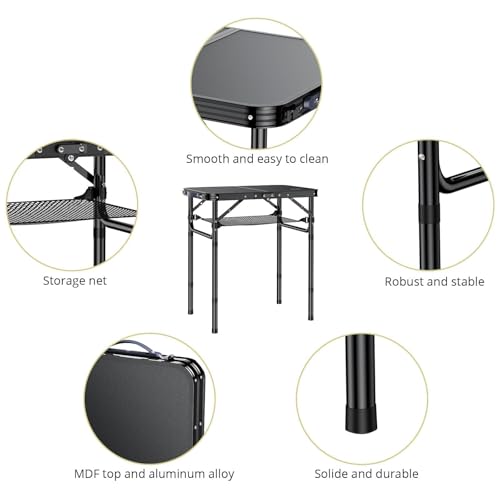 Folding Camping Table with Storage Net, Pure Black Aluminum 2ft Picnic Table 23.2" x 16" Outdoor Table Adjustable Height Max 26.4", Lightweight, Waterproof, Portable Handle for Travel Cooking D501909