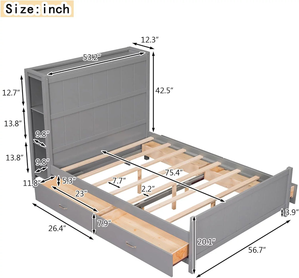 Full Size Wooden Platform Bed Frame with Bookcase Headboard and 4 Storage Drawers W795894