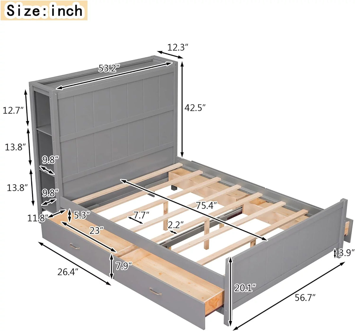 Full Size Wooden Platform Bed Frame with Bookcase Headboard and 4 Storage Drawers W795894