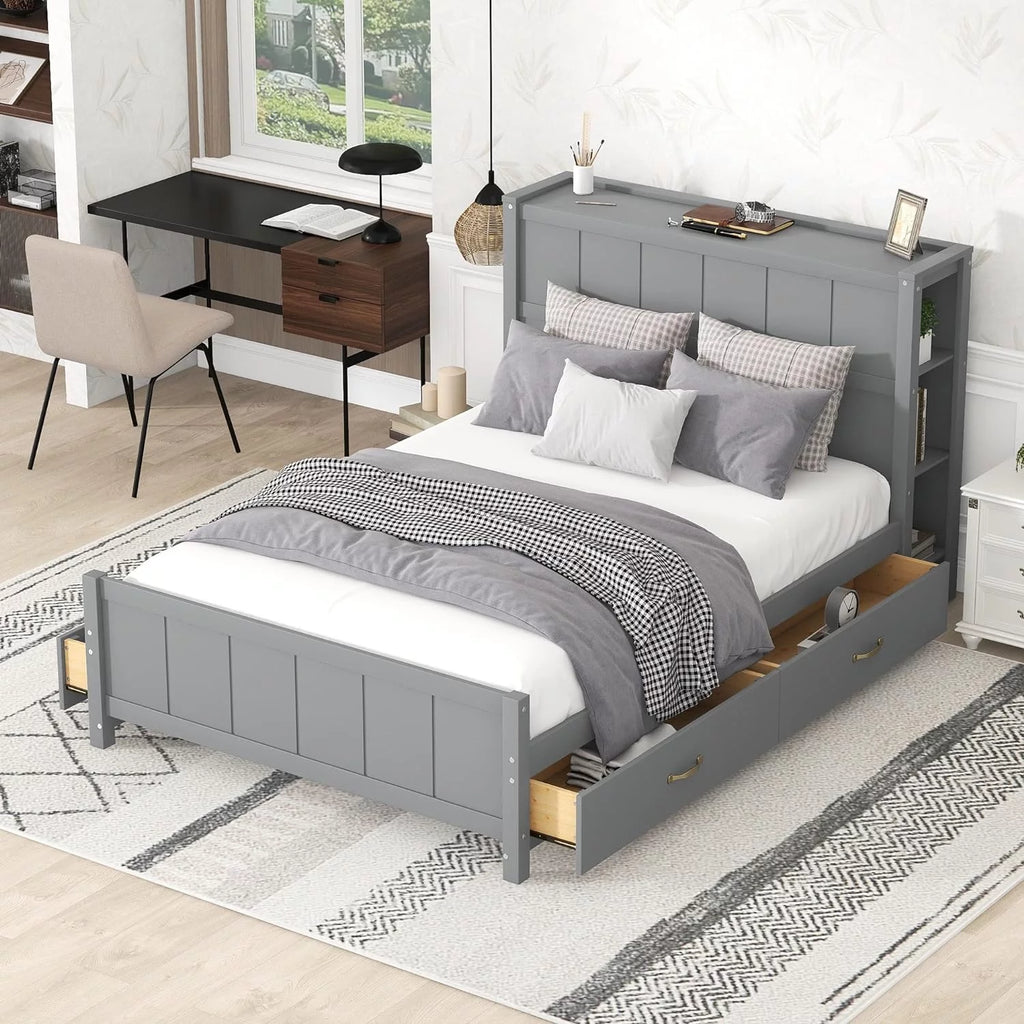 Full Size Wooden Platform Bed Frame with Bookcase Headboard and 4 Storage Drawers W795894