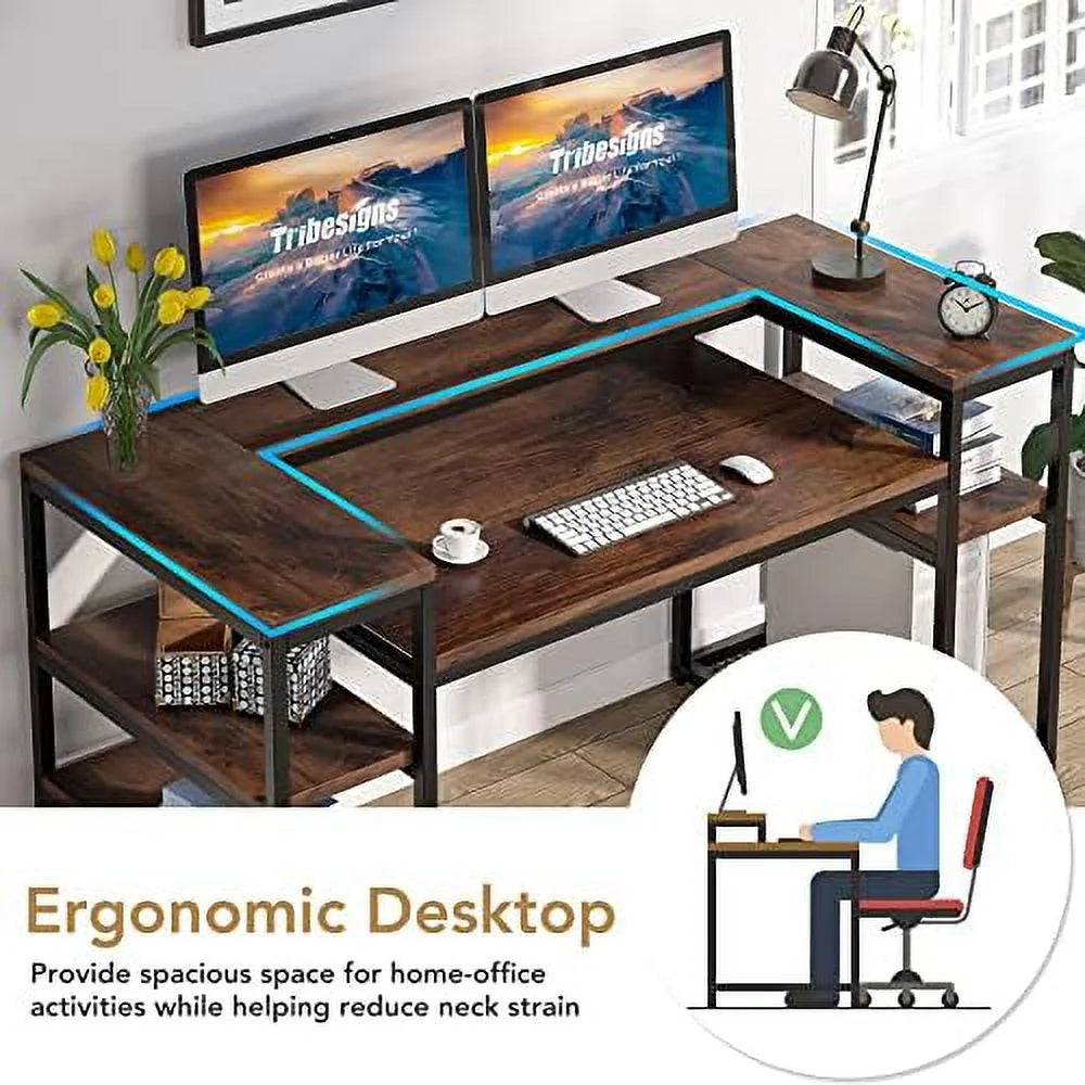 Brown Computer Desk with Monitor Shelf and CPU Stand N825