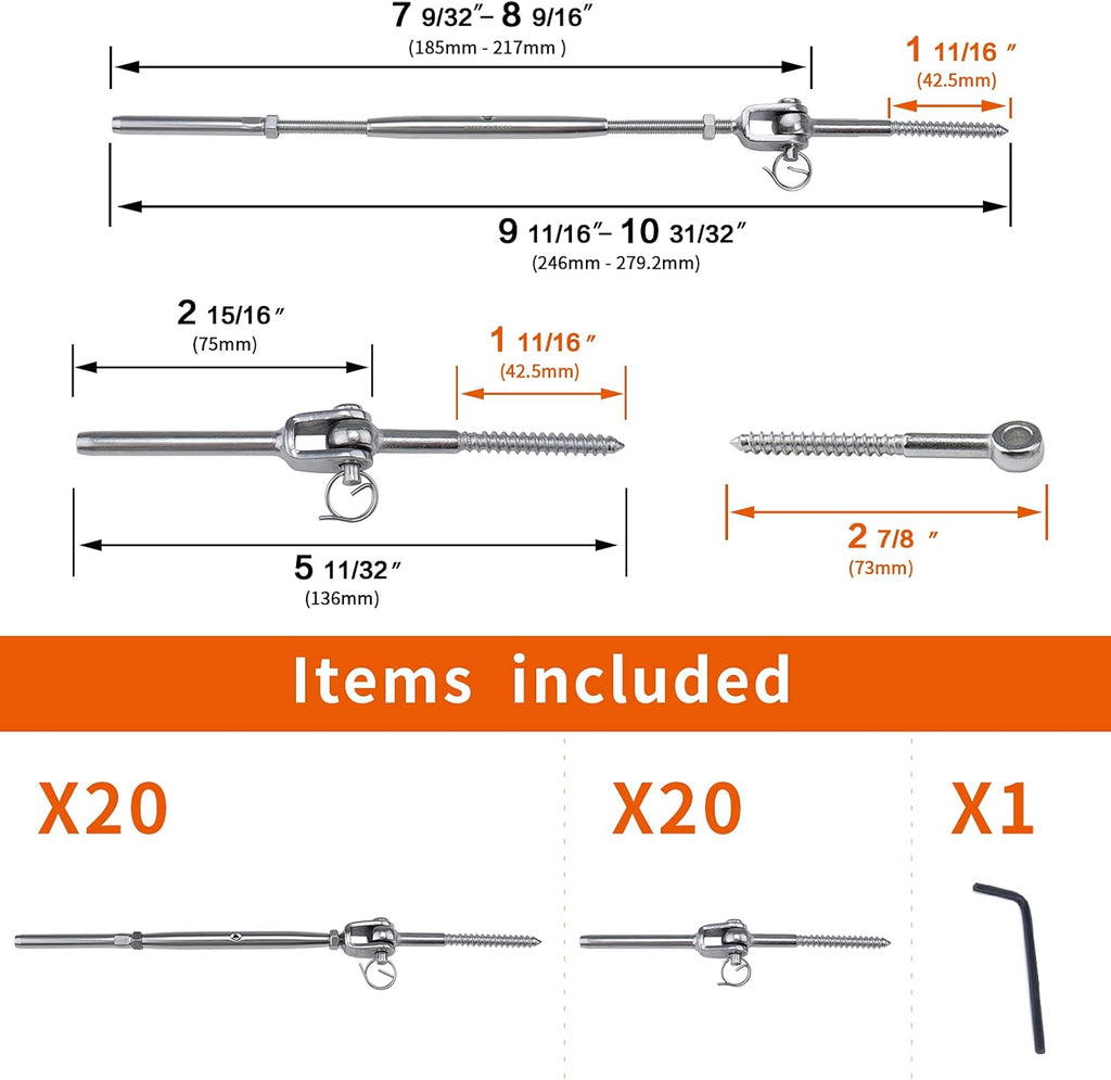 20 Set Cable Railing Kit 1/8 Swage Toggle Turnbuckle Hardware T316 Stainless Steel U74564