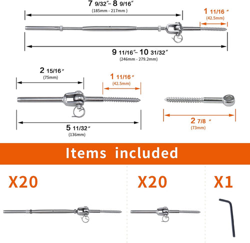 20 Set Cable Railing Kit 1/8 Swage Toggle Turnbuckle Hardware T316 Stainless Steel U74564