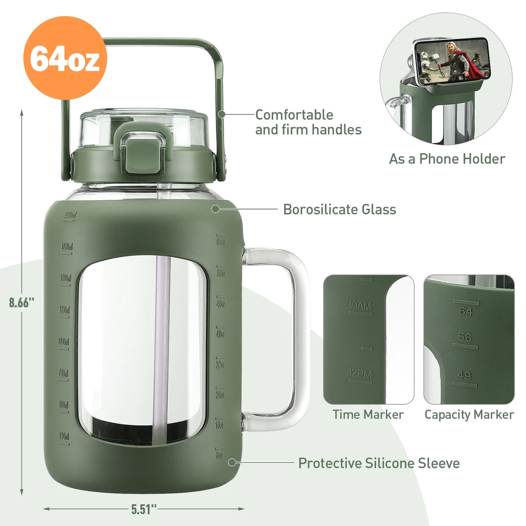 64oz Glass Water Bottle with Straw and Handle X82621