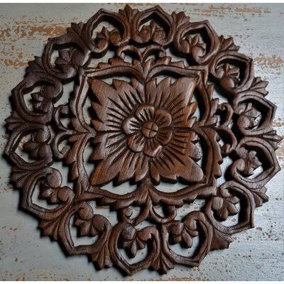 Round Hand Carved Teak Wood Panel Wall Décor D965047