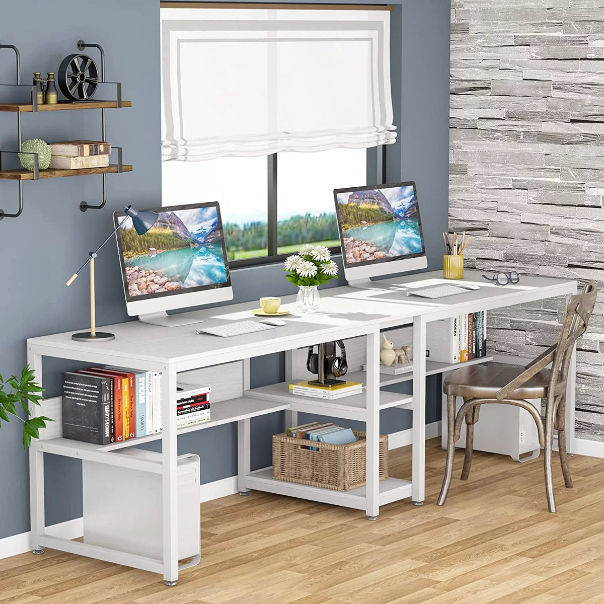 White Double Computer Office Desk with Storage Shelf R869