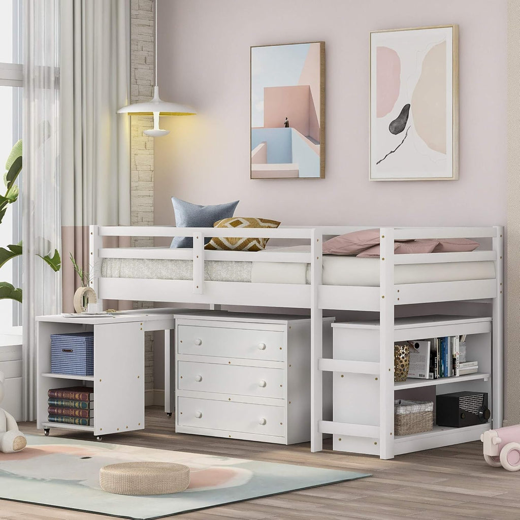 Twin Loft Bed with Cabinet, Storage Drawers, Rolling Desk & Bookcase C4689